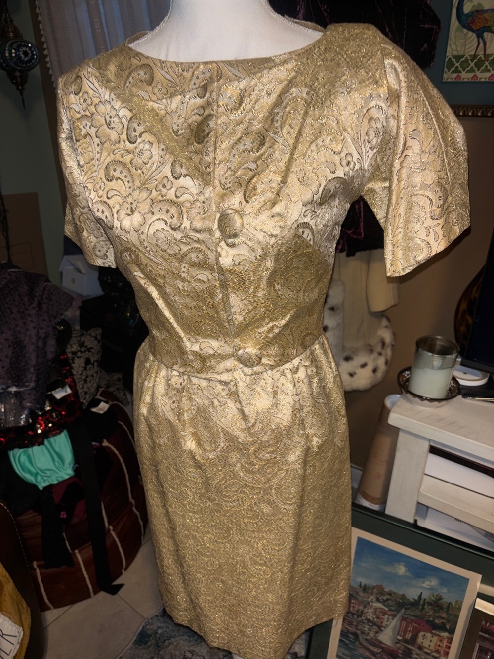 Vintage 60’s Gold Brocade Sheath Dress - Elegant Women's Dress